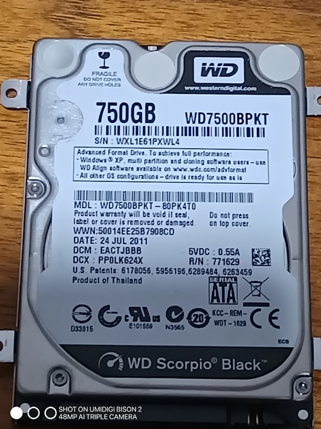 WD 750GB Hard Drive WD7500BPKT Scorpio Black