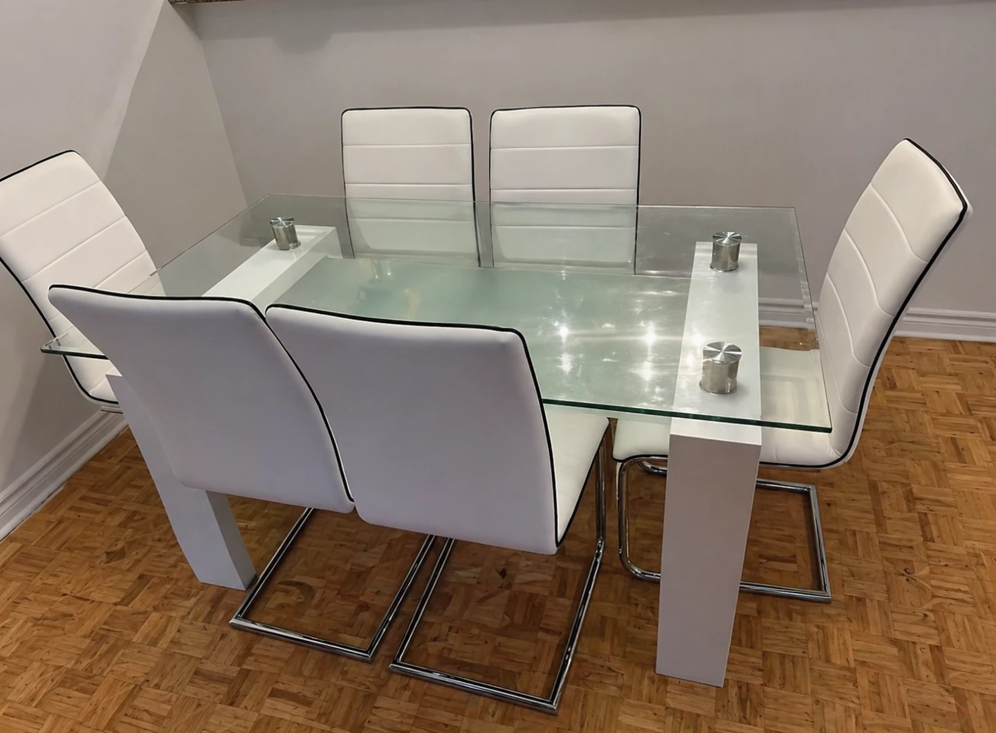 Modern Glass Dining Table Set with 6 White Chairs