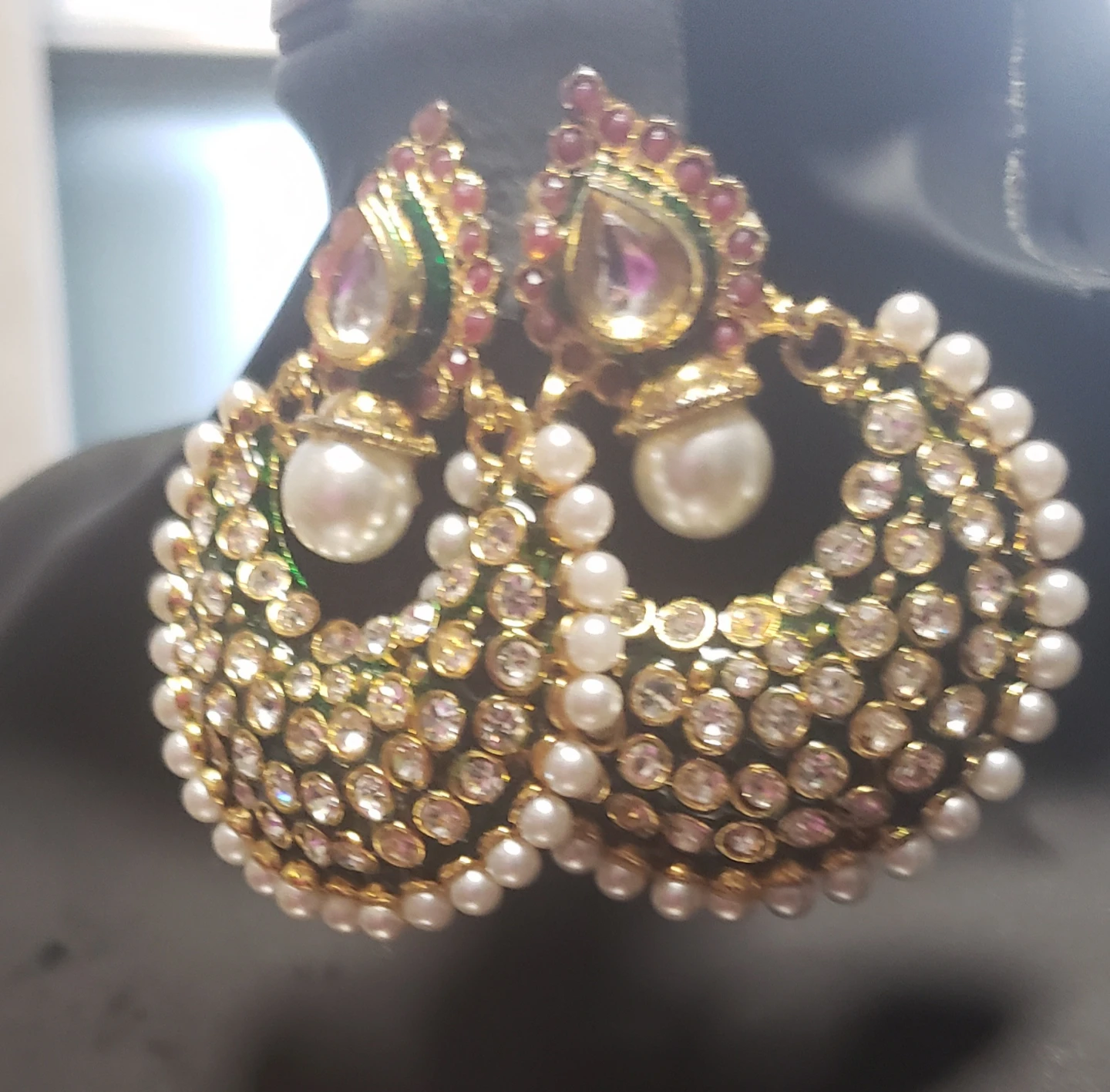 Gold Tone Dangle Earrings with Pearls and Crystals - photo 2