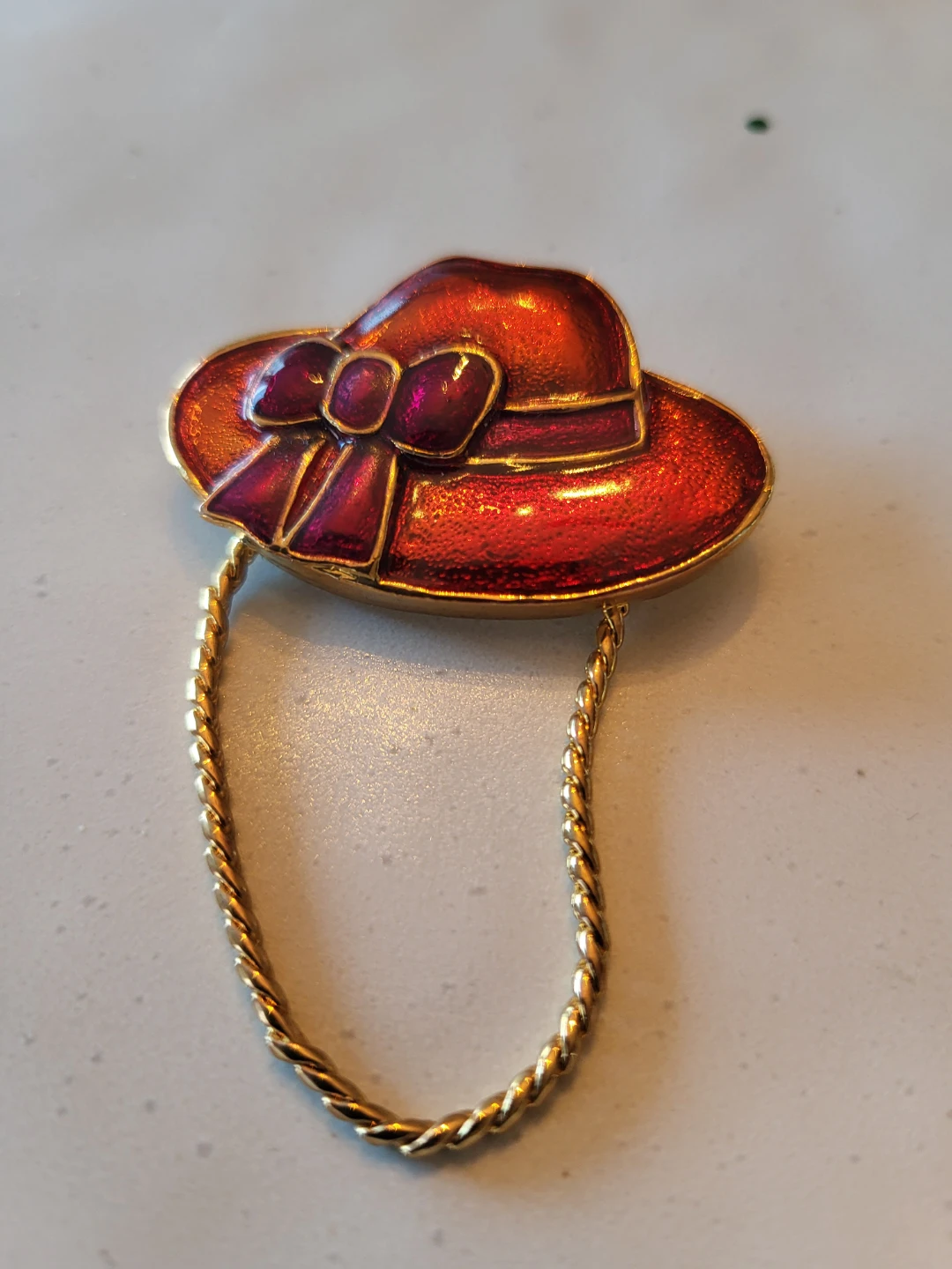 Vintage Red Hat Brooch with Chain
