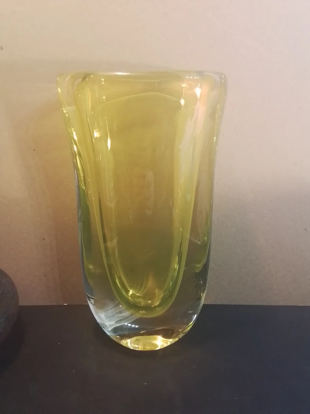 Thick Vintage Clear + Yellow Art Glass Vase 10" - photo 2