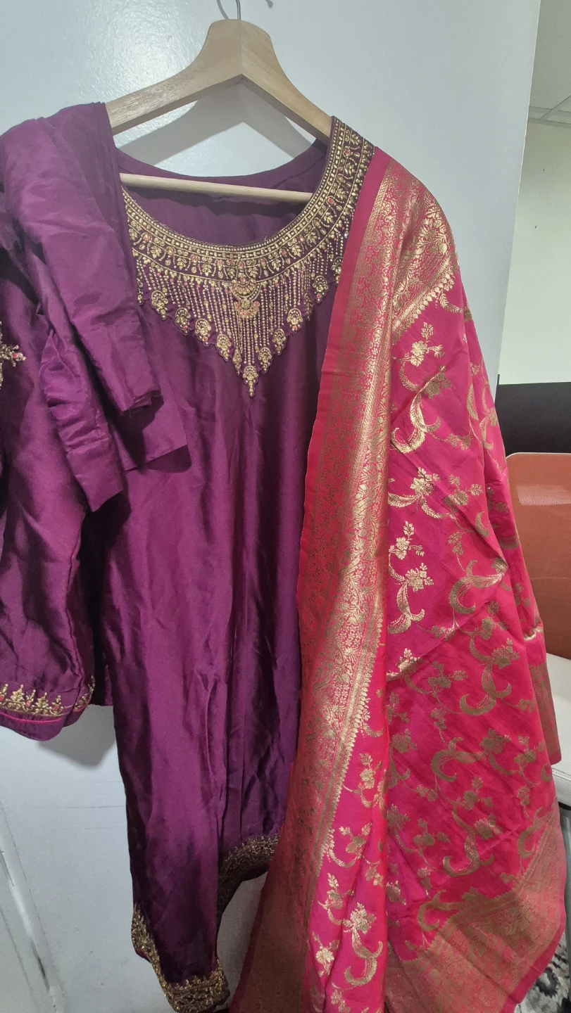 Purple and pink embroidered salwar kameez with dupatta