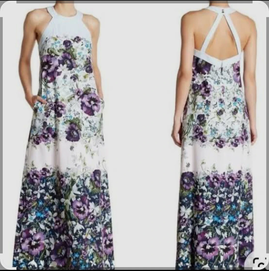 Ted Baker Light Blue and Purple Floral Halter Maxi Dress