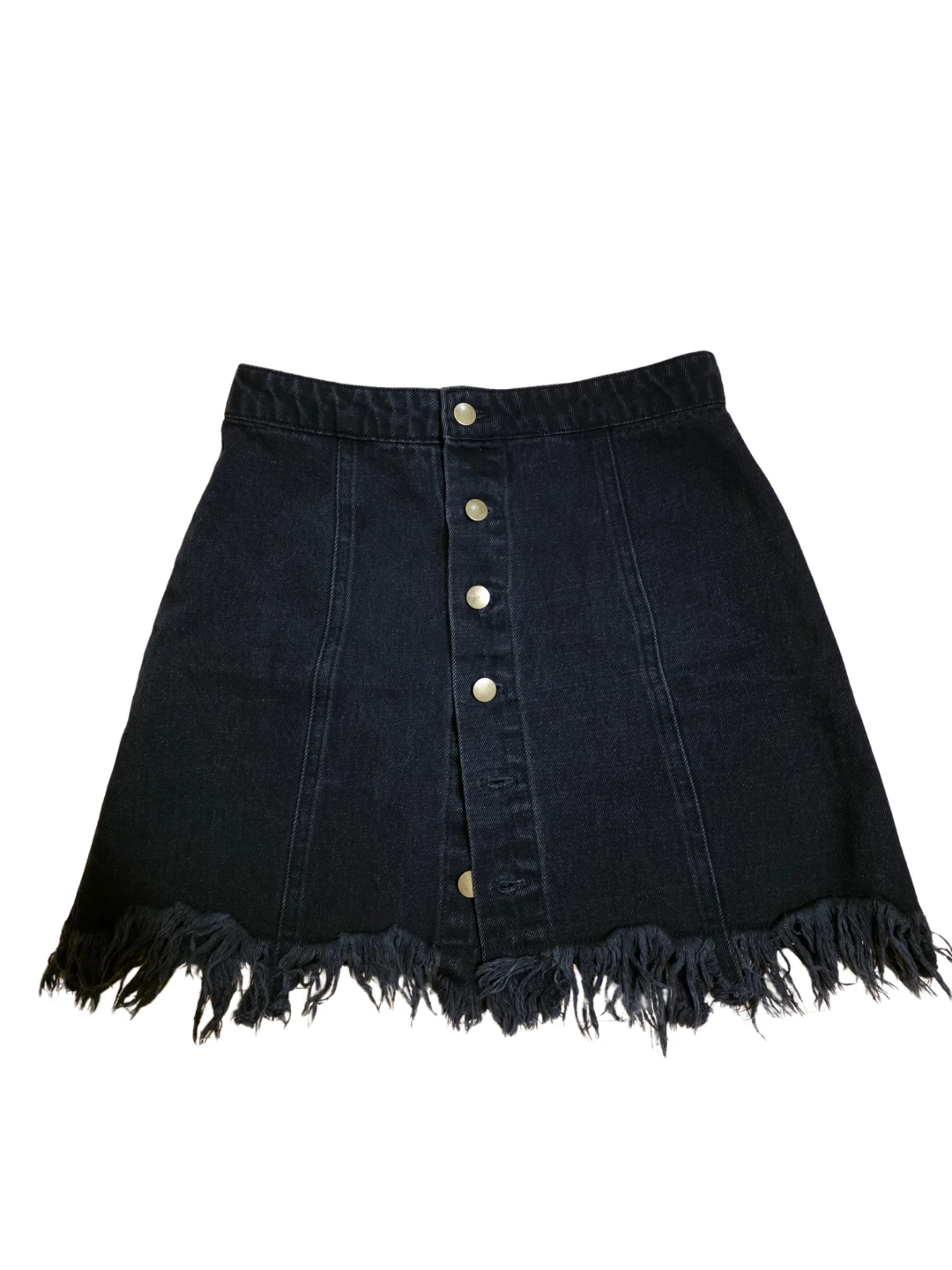 Black denim mini skirt with fringe hem