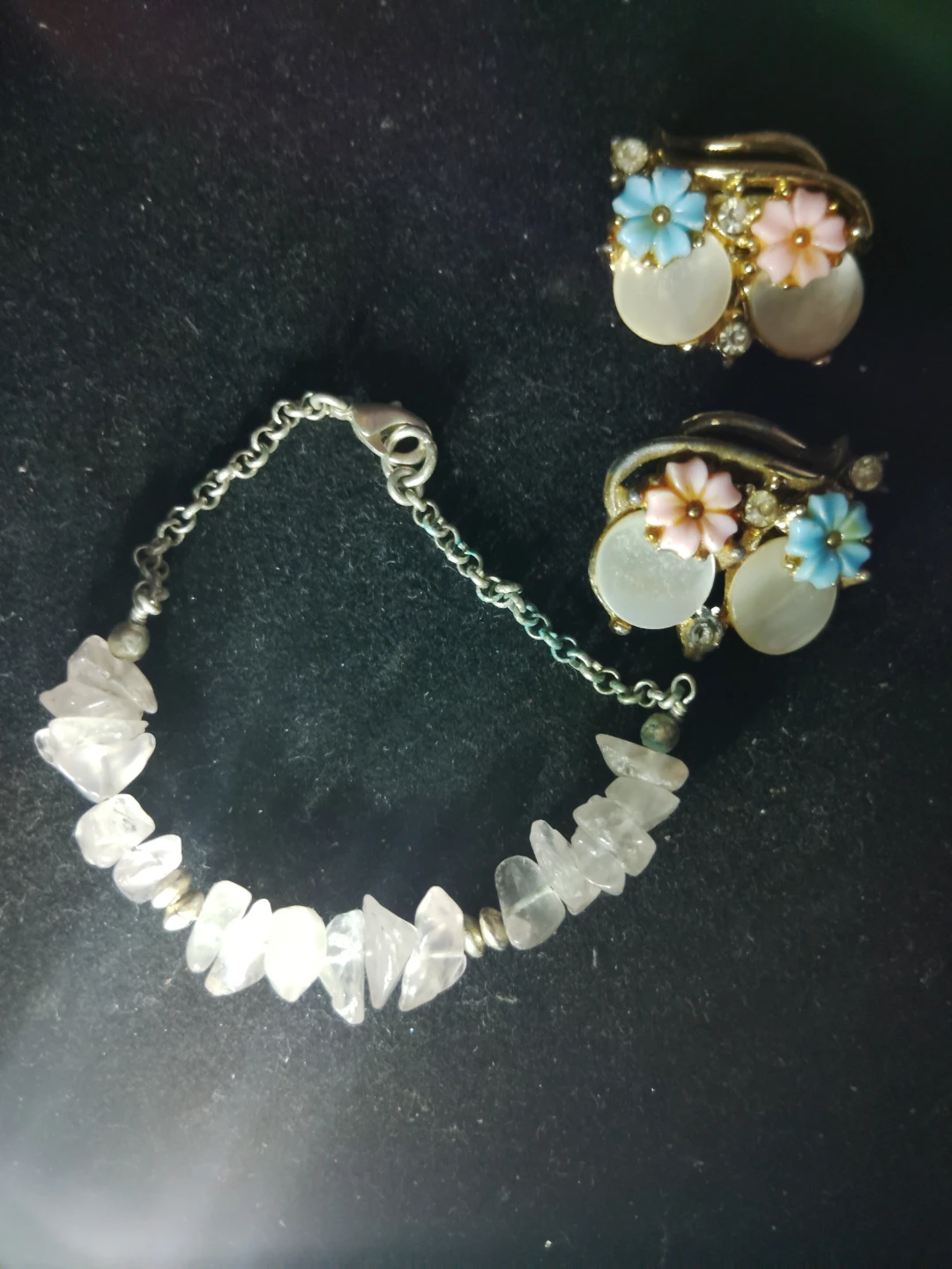 Vintage Crystal Chip Bracelet and Floral Clip-On Earrings Set