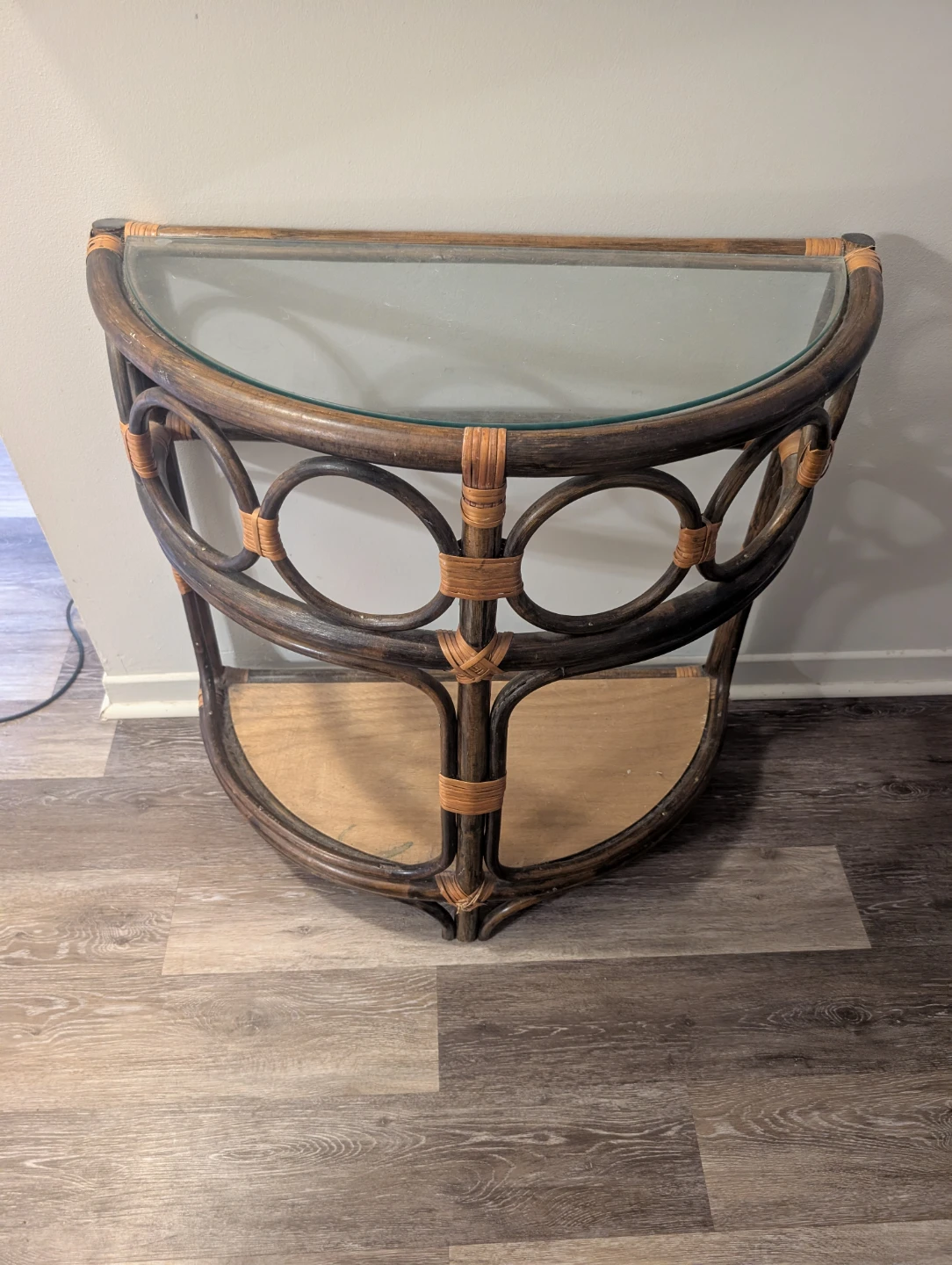 Rattan Half-Moon Wall table with Glass Top