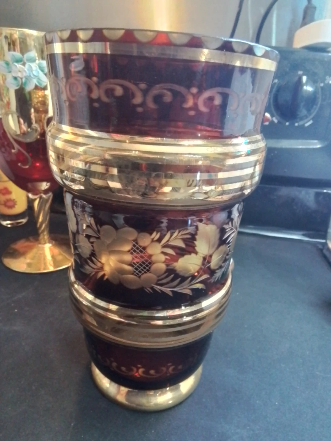 Vintage Amber Glass Vase with Gold Trim and Etching 9x5"