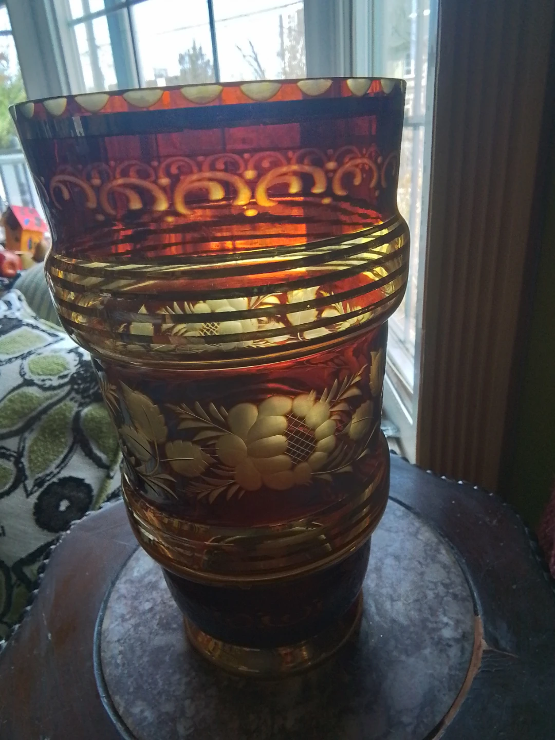 Vintage Amber Glass Vase with Gold Trim and Etching 9x5" - photo 2