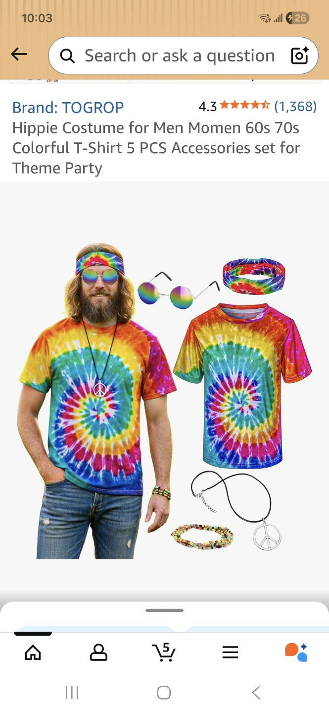 TOGROP Hippie Costume Set for Men - 5 Pcs