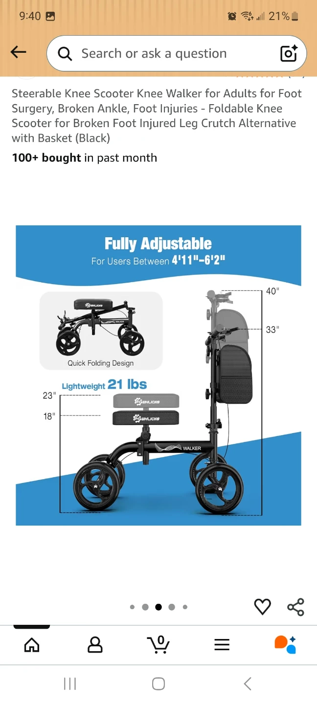 Steerable Knee Scooter Walker with Basket - Standard Black - photo 3