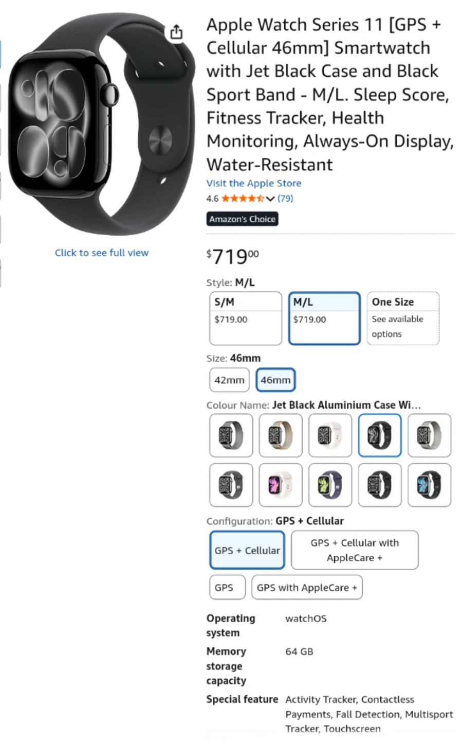 Apple Watch Series 11 GPS + Cellular 46mm Jet Black