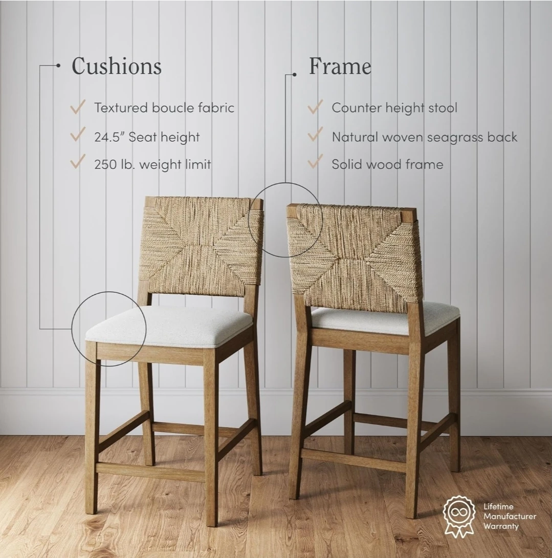 Counter Height Stool with Natural Woven Seagrass Back - photo 4