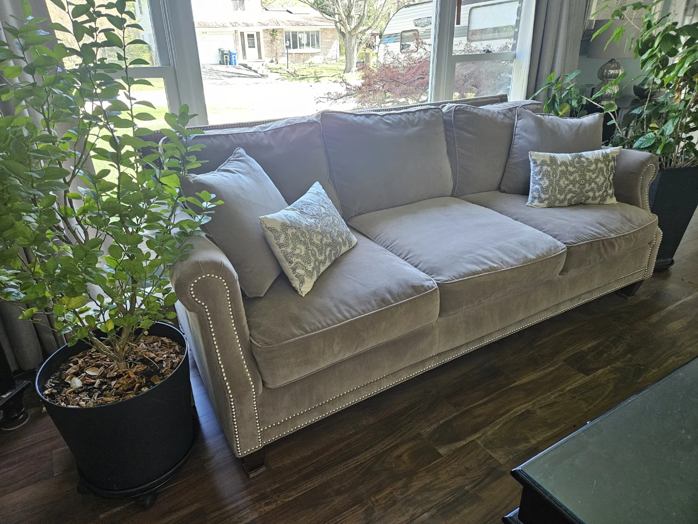 Custom-made couch & loveseat set thickest fabric, down cushions