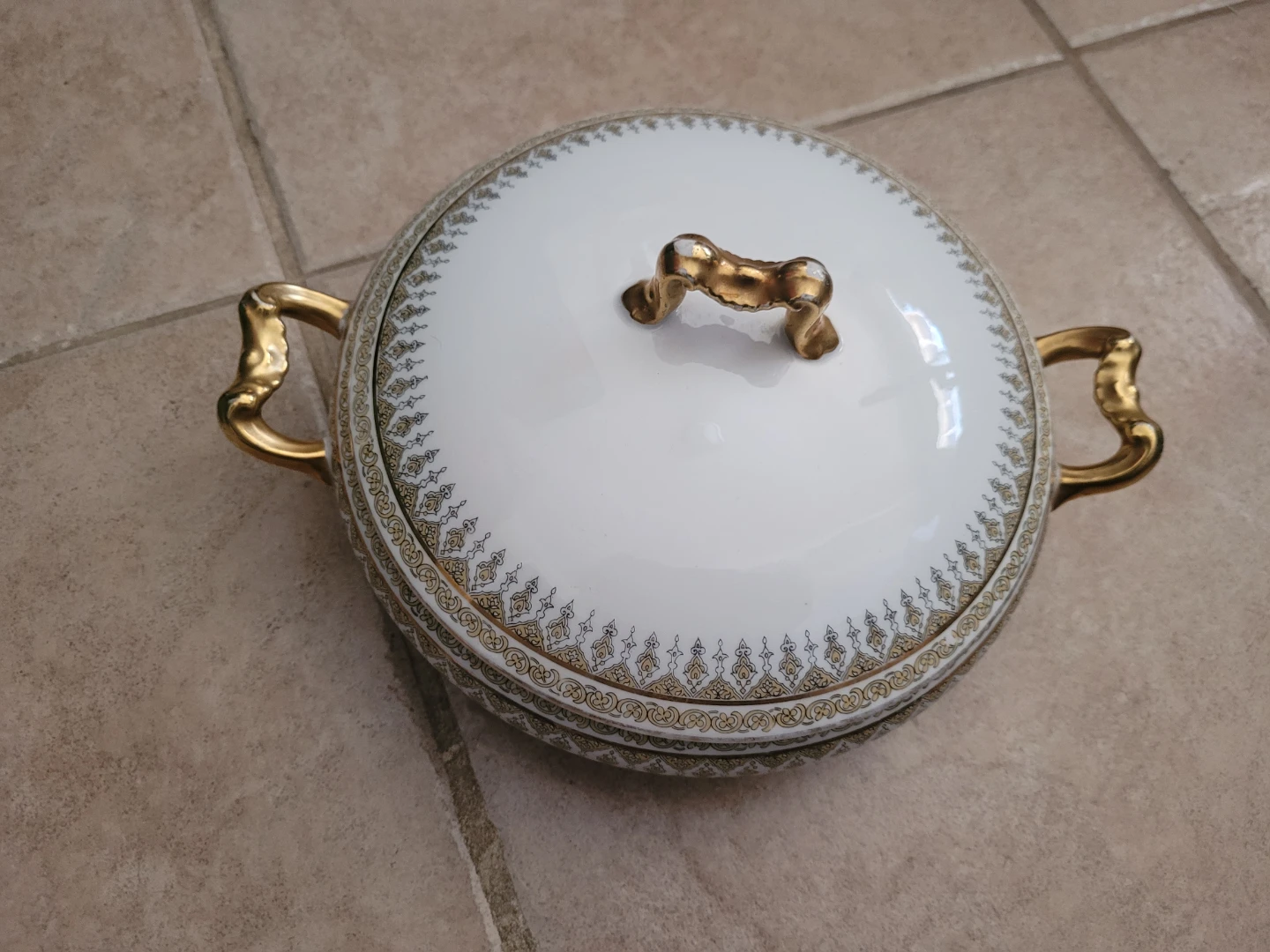 White Tureen with Gold Trim and Handles