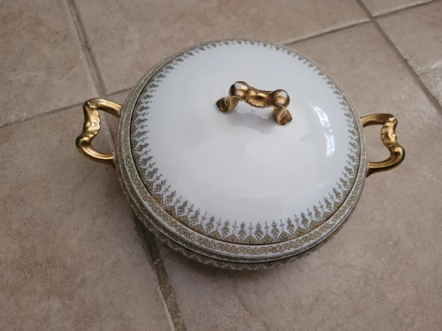 White Tureen with Gold Trim and Handles