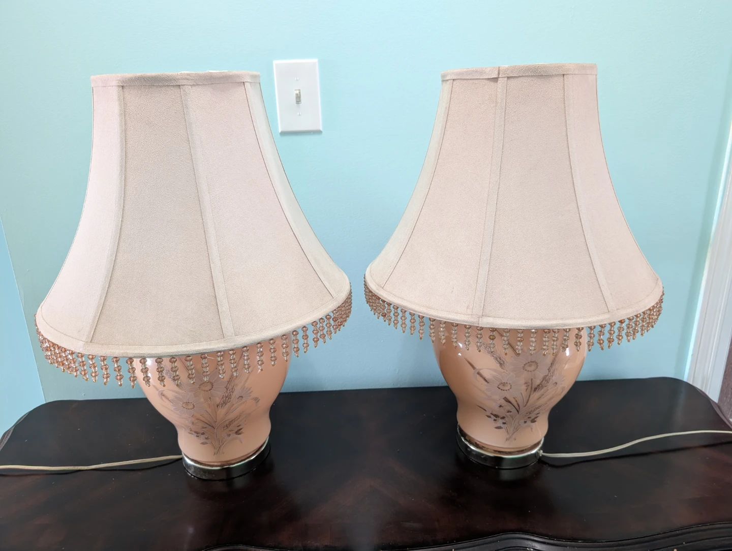 Pair of vintage table lamps with beaded trim