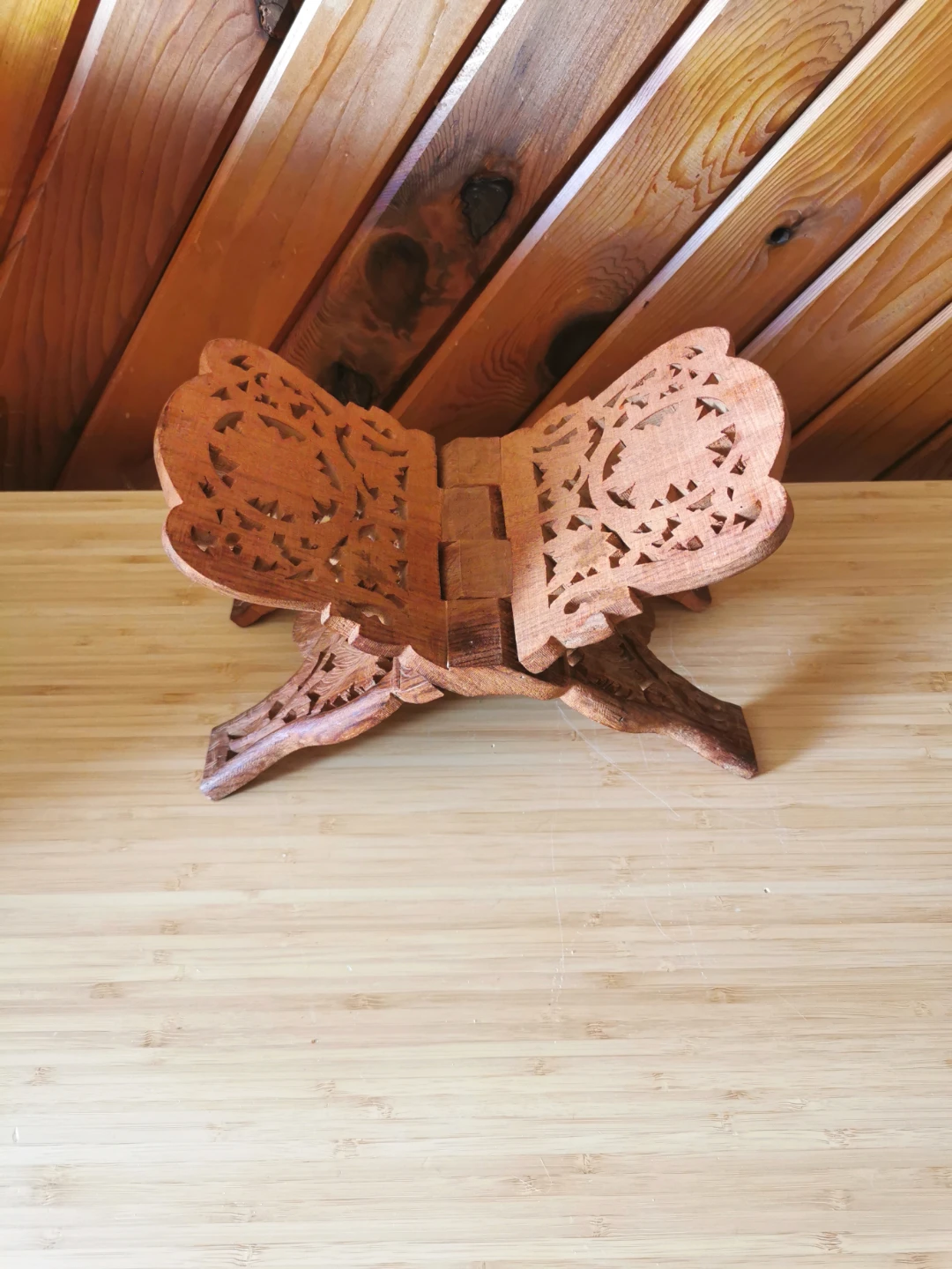 Vintage Hand Carved Wooden Folding Book Stand Ornate Decor