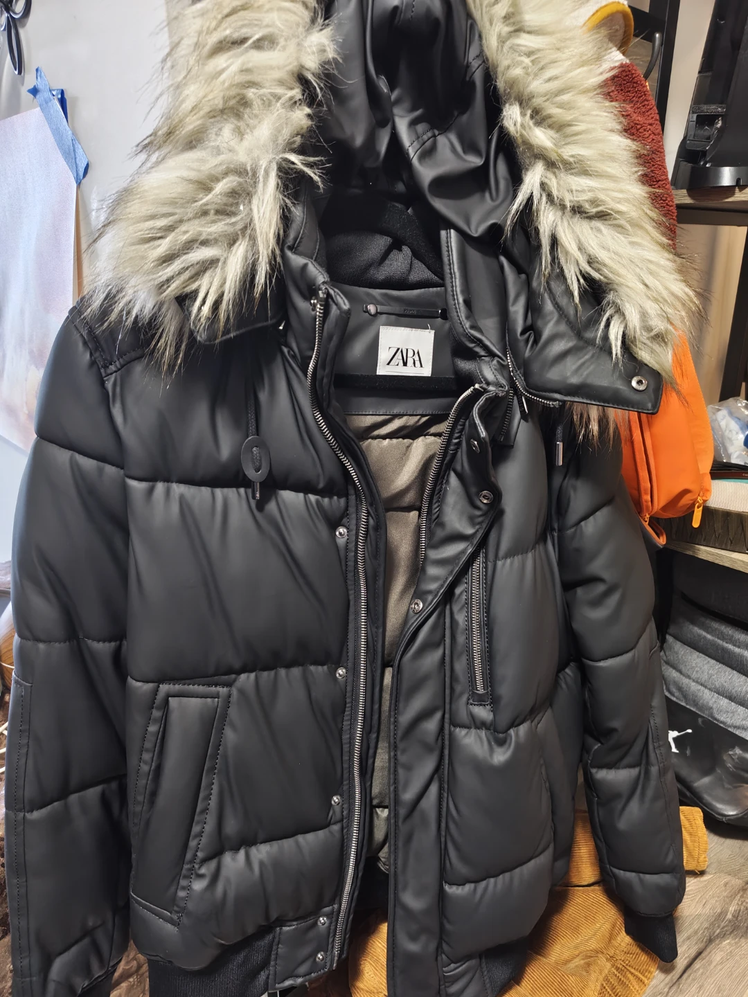 ZARA Black Puffer Jacket with Faux Fur Hood Size S