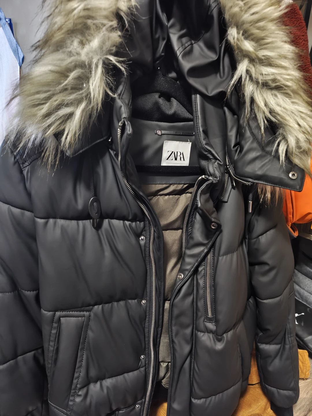 ZARA Black Puffer Jacket with Faux Fur Hood Size S - photo 4