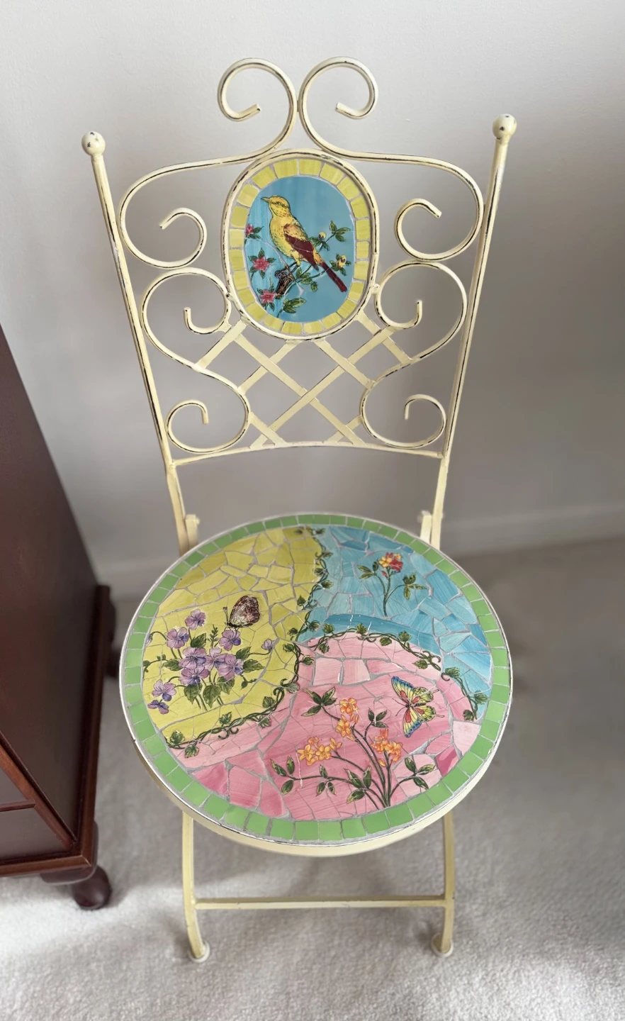 Mosaic Accent Chair with Bird and Butterfly Design