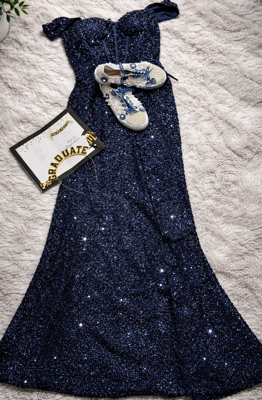 Sparkly Navy Blue Sequin Evening Gown - photo 3