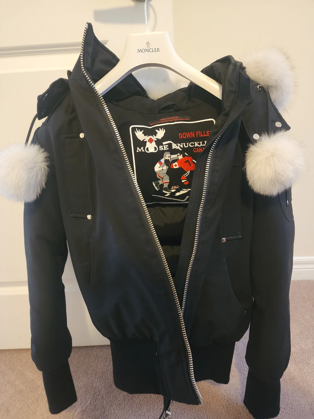 Moose Knuckles Fur Hood Black Down Filled Bomber Debbie Jacket