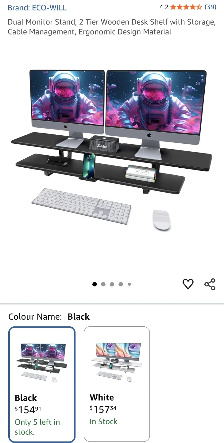 Eco-Will 37" 2-Tier Wooden Desk Shelf with Storage, Black