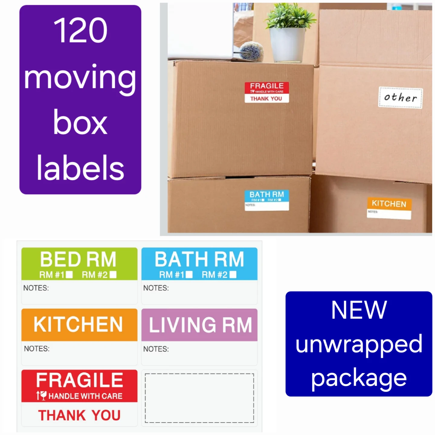 120 Moving Box labels - NEW unwrapped package