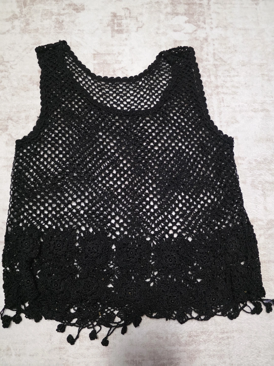 Black Crochet Tank Top with Floral Detail