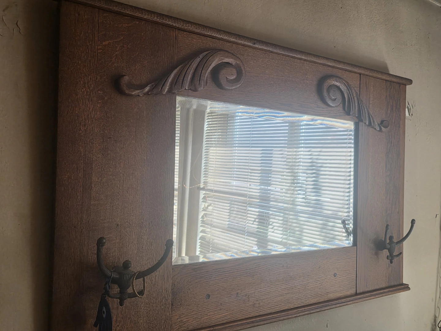 Antique Oak Hall Tree Mirror with Hooks