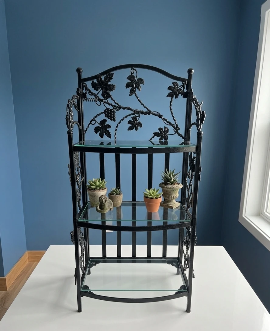 Cast iron Bakers Rack with transperent shelves