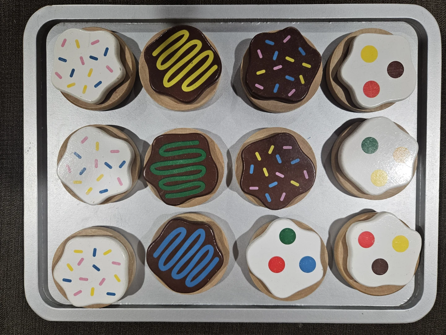 Wooden Play Food Cookies on Baking Sheet