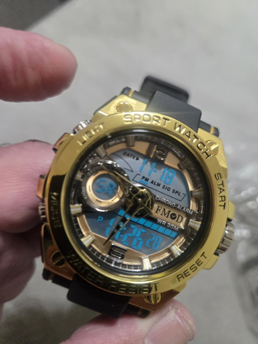 Sport Watch Gold Tone Digital Analog Dual Time WR 30M