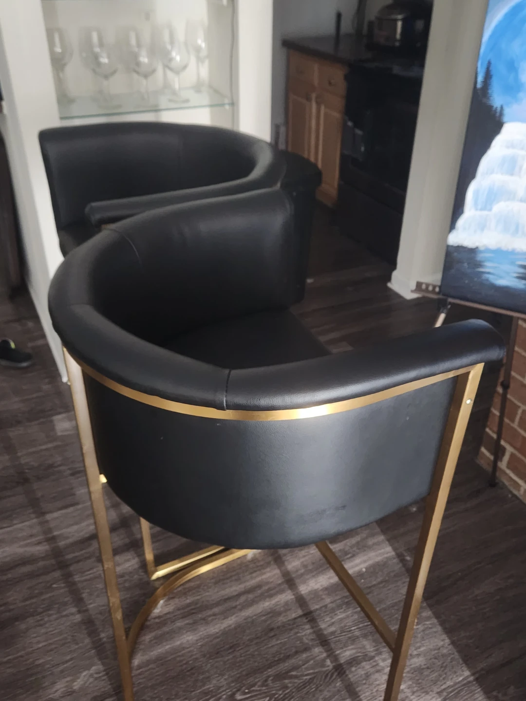 Black Faux Leather Bar Stools with Gold Frame (Set of 2) - photo 5