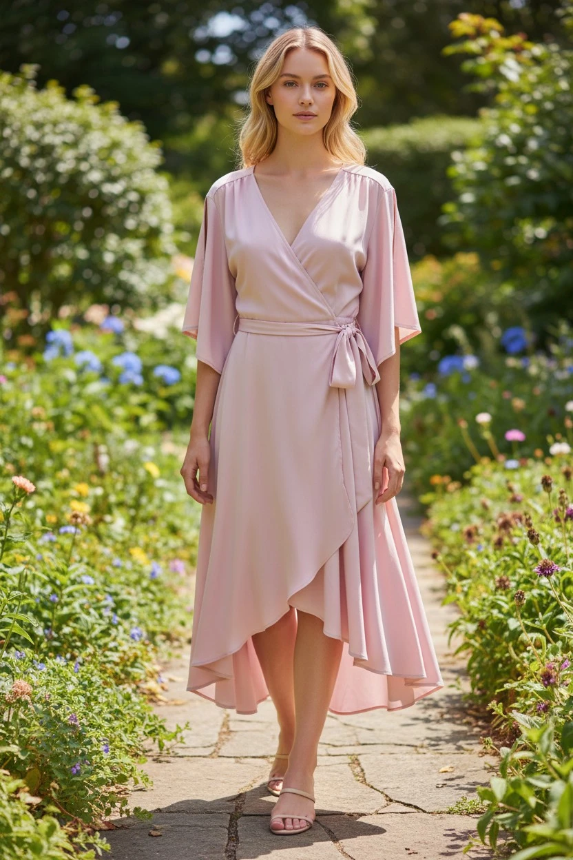 Pink Wrap Dress with Split Sleeves