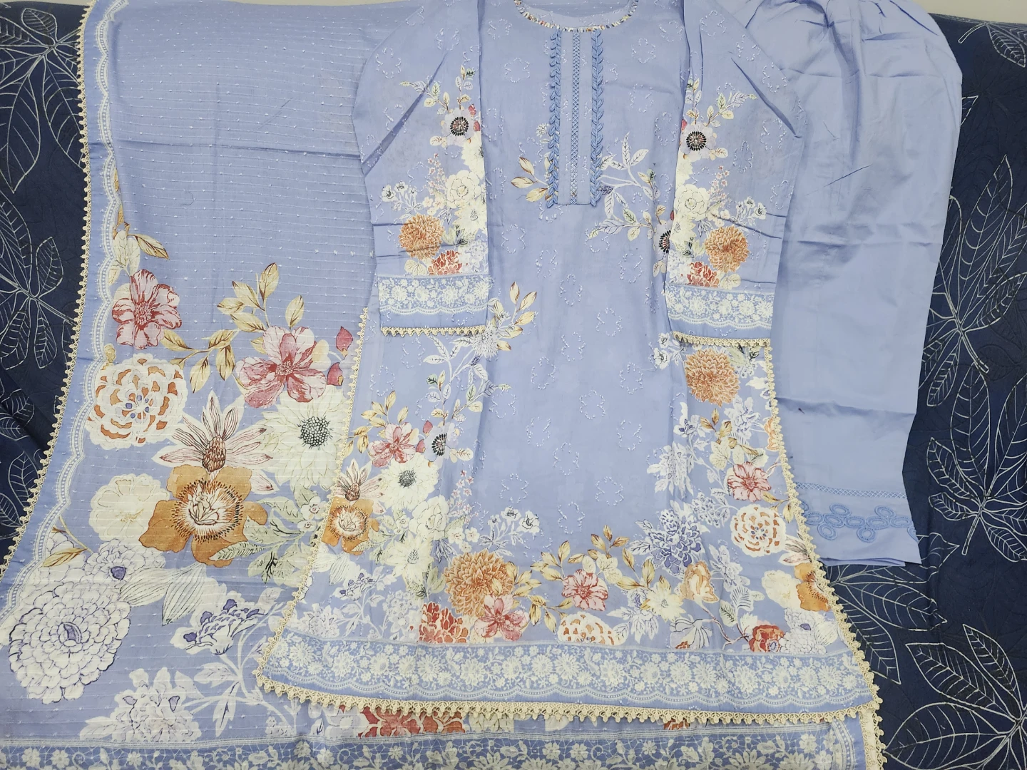 Ice-Blue Floral Print 3-Piece Niahat Suit -