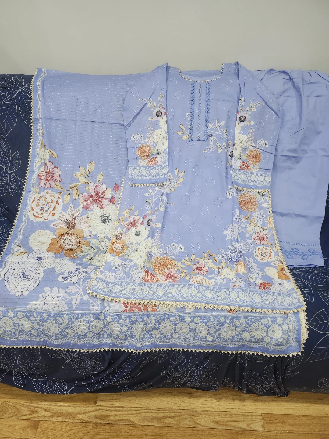 Ice-Blue Floral Print 3-Piece Niahat Suit - - photo 2