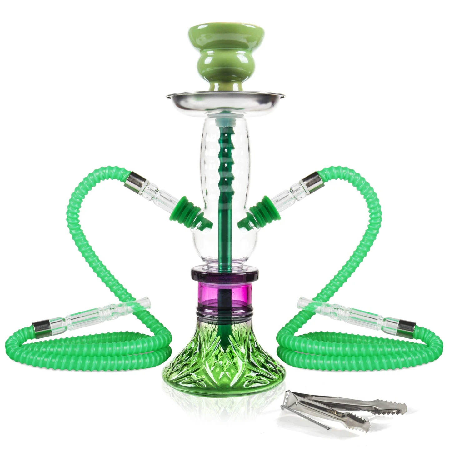 Green Glass Hookah with Two Hoses and Tongs