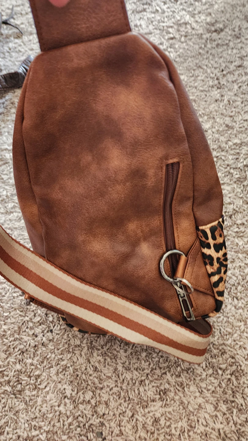 Brown Faux Leather Sling Bag with Leopard Print Accents - photo 3