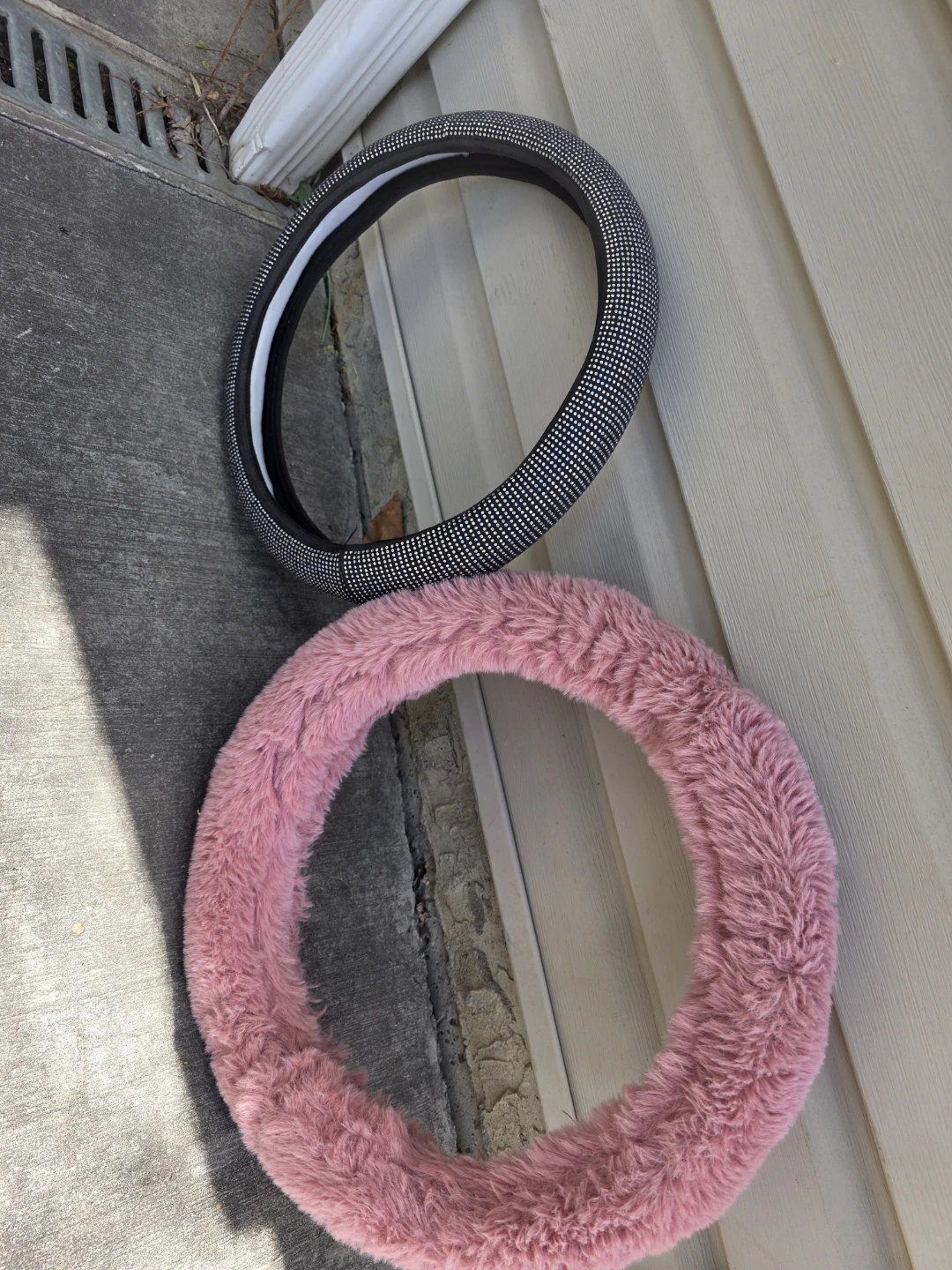 Fuzzy Pink and Sparkly Black Steering Wheel Covers
