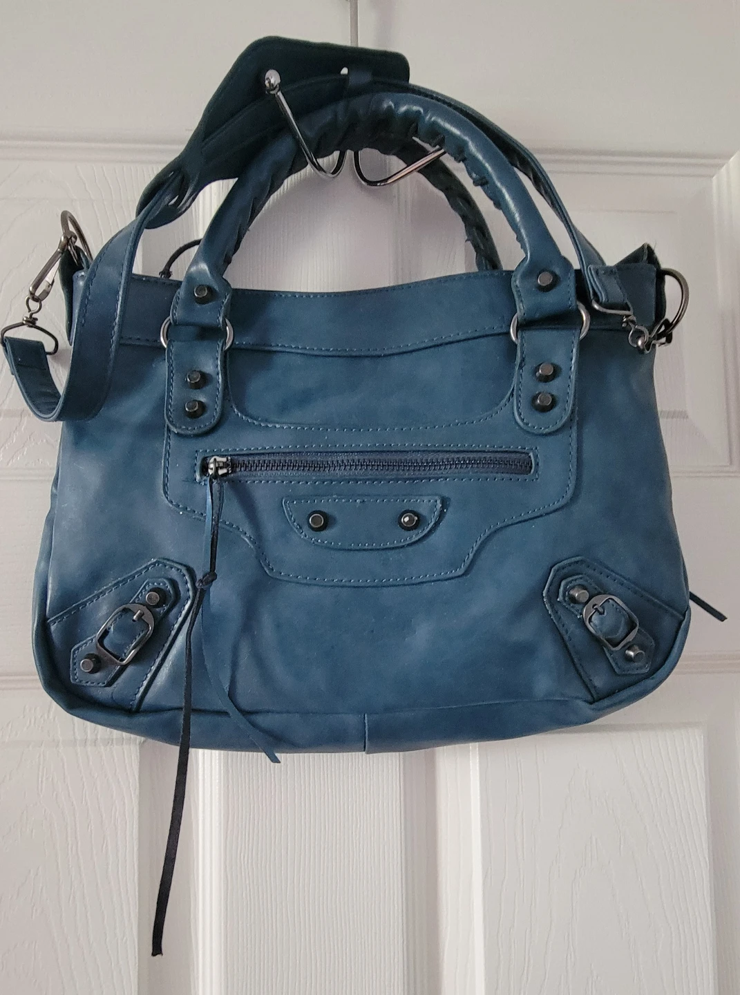 Blue Faux Leather Satchel Handbag