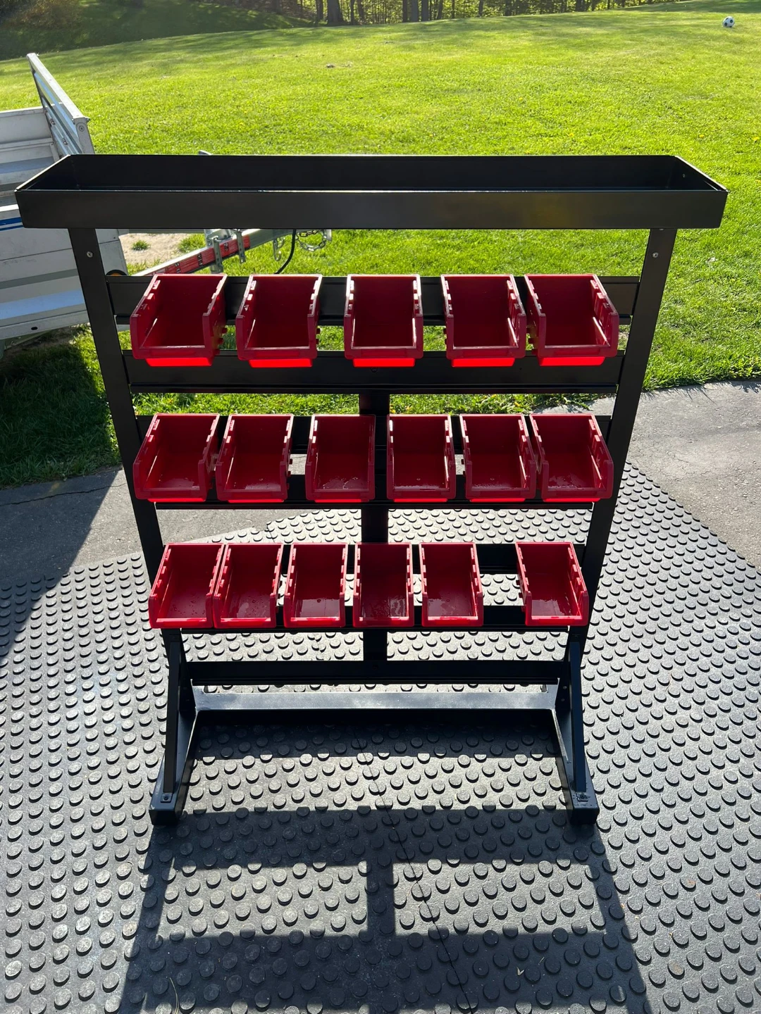 Black Parts Bin Organizer Rack with Red Bins