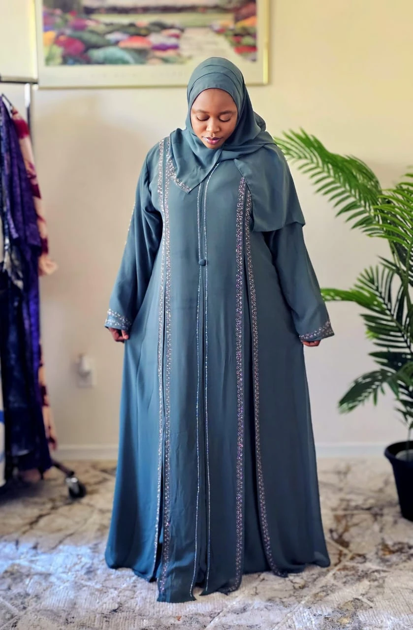 Teal Abaya with Embellished Trim