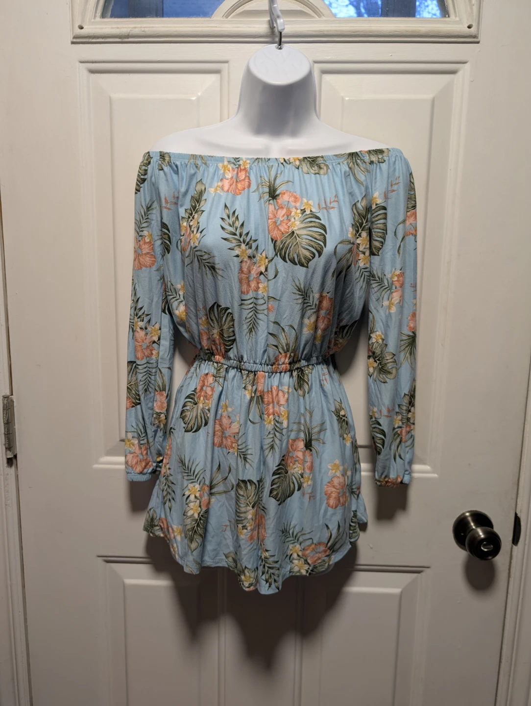 Light Blue Floral Off-the-Shoulder Romper