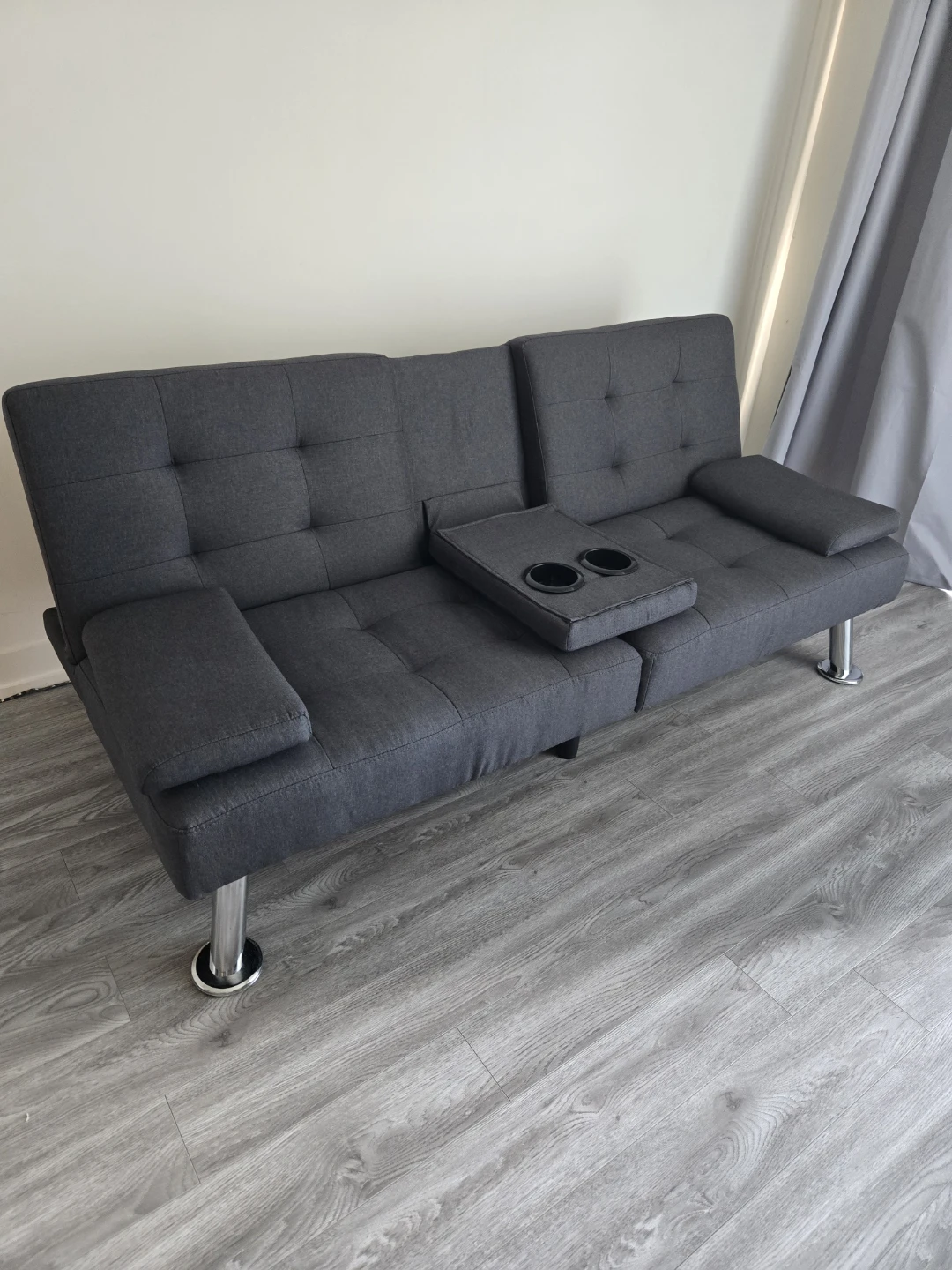 Grey Convertible Sofa Bed with Cup Holders
