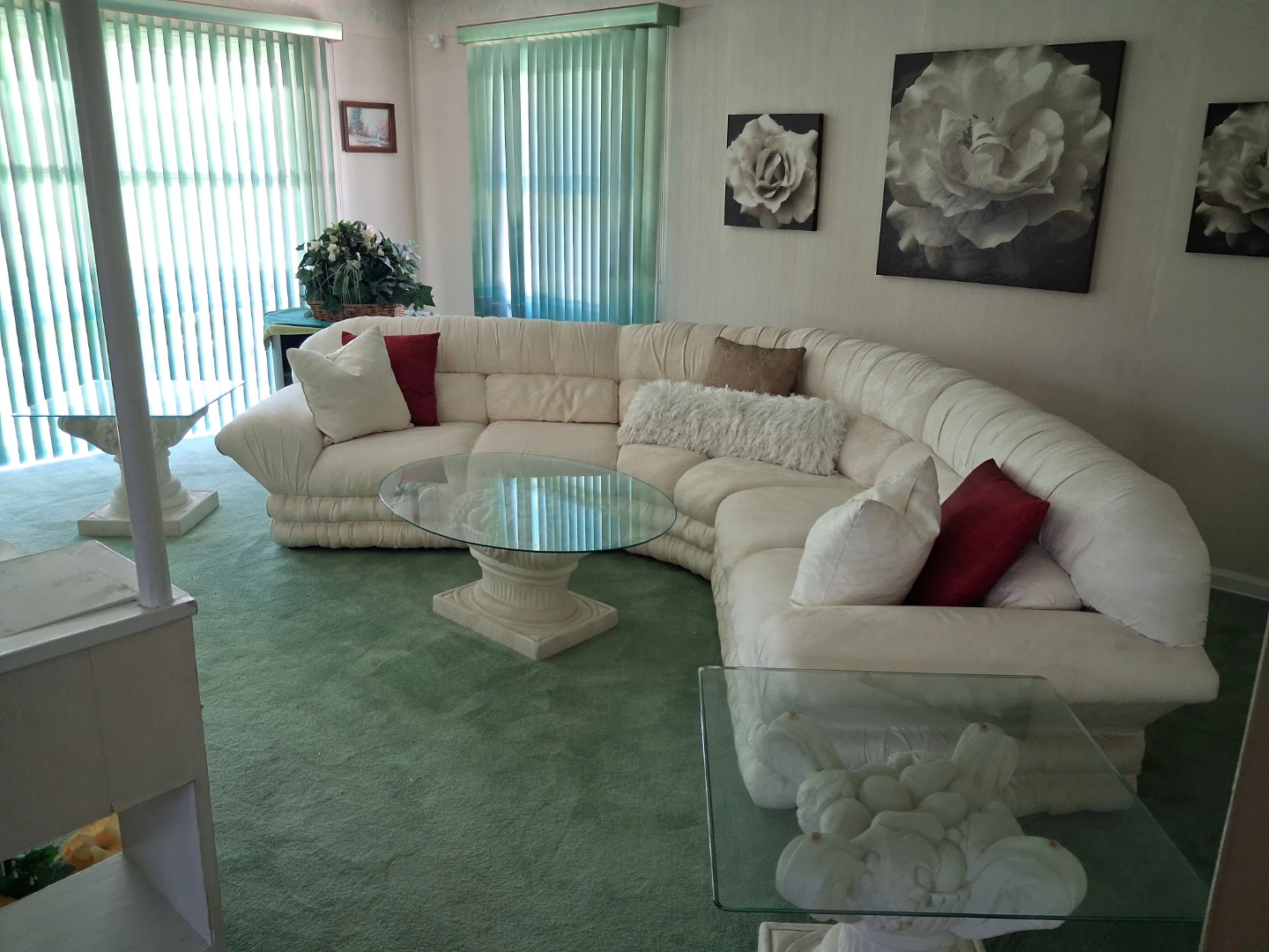 Cream Sectional Sofa with Glass Coffee Table