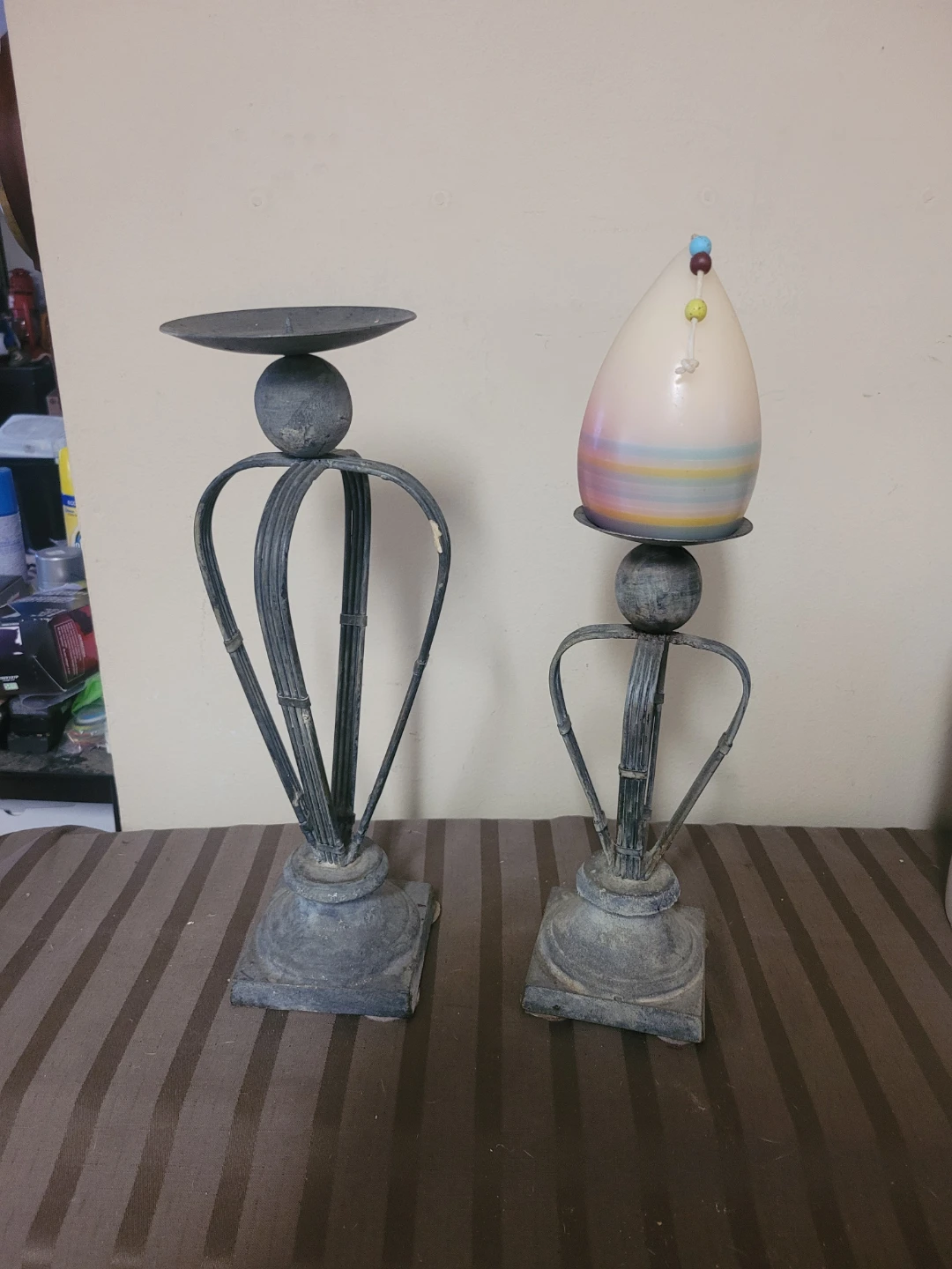 2 Metal Candle Holder Stand with Pear Shape Candle