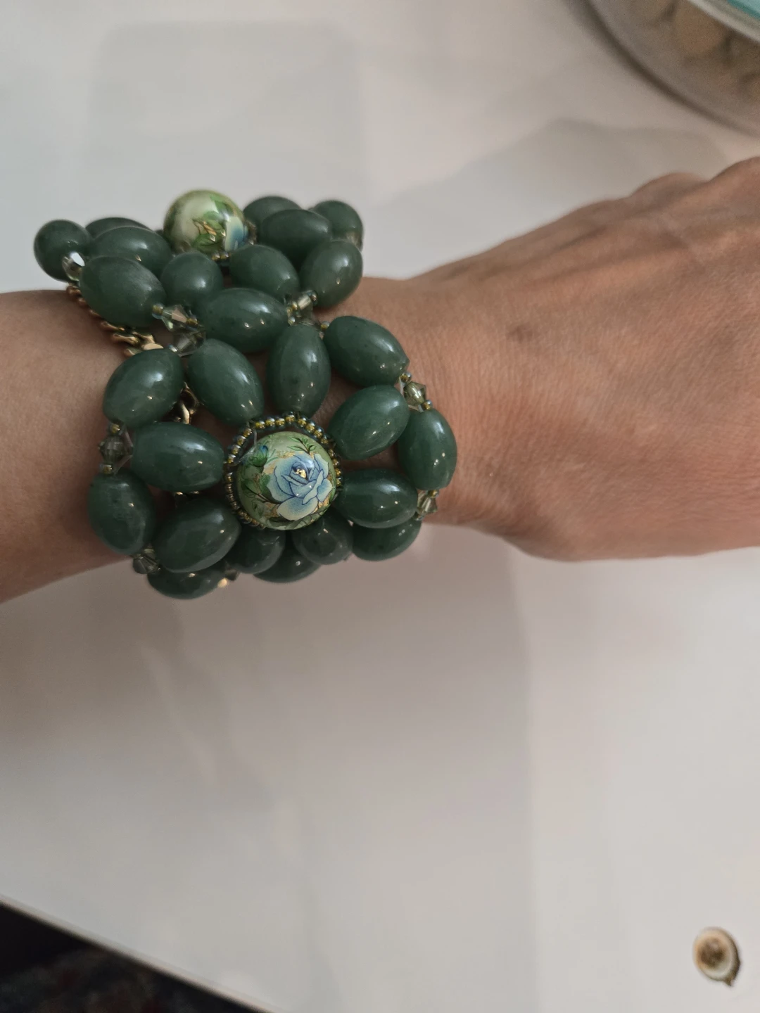 Vintage Green Beaded Bracelet with Floral Medallions - photo 3