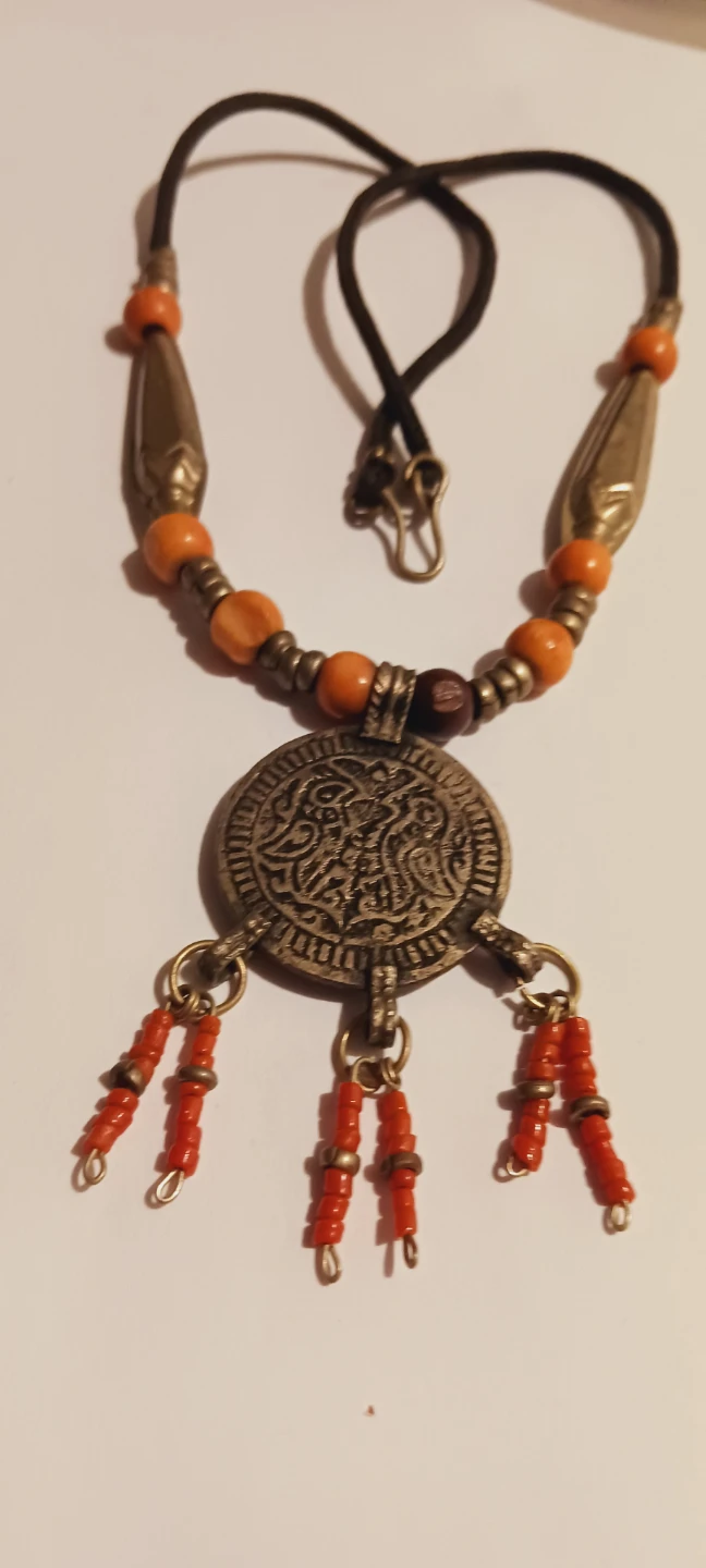 Ethnic Tribal Coin Pendant with Coral Beads Beaded Necklace