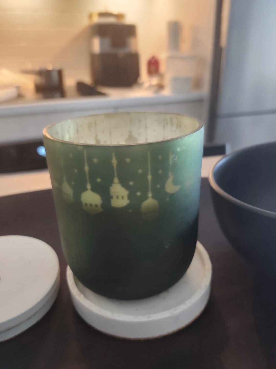 Green Glass Candle Holder with Lantern Design